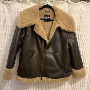 Zara brown and cream oversized fur aviator jacket size M